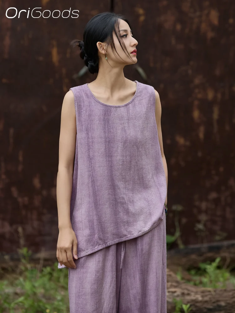 

OriGoods Sleeveless Summer Shirt Linen Blouse 2025 New Gray Casual Simple O-neck Sleeveless Top Linen Cotton Tank Shirt B318
