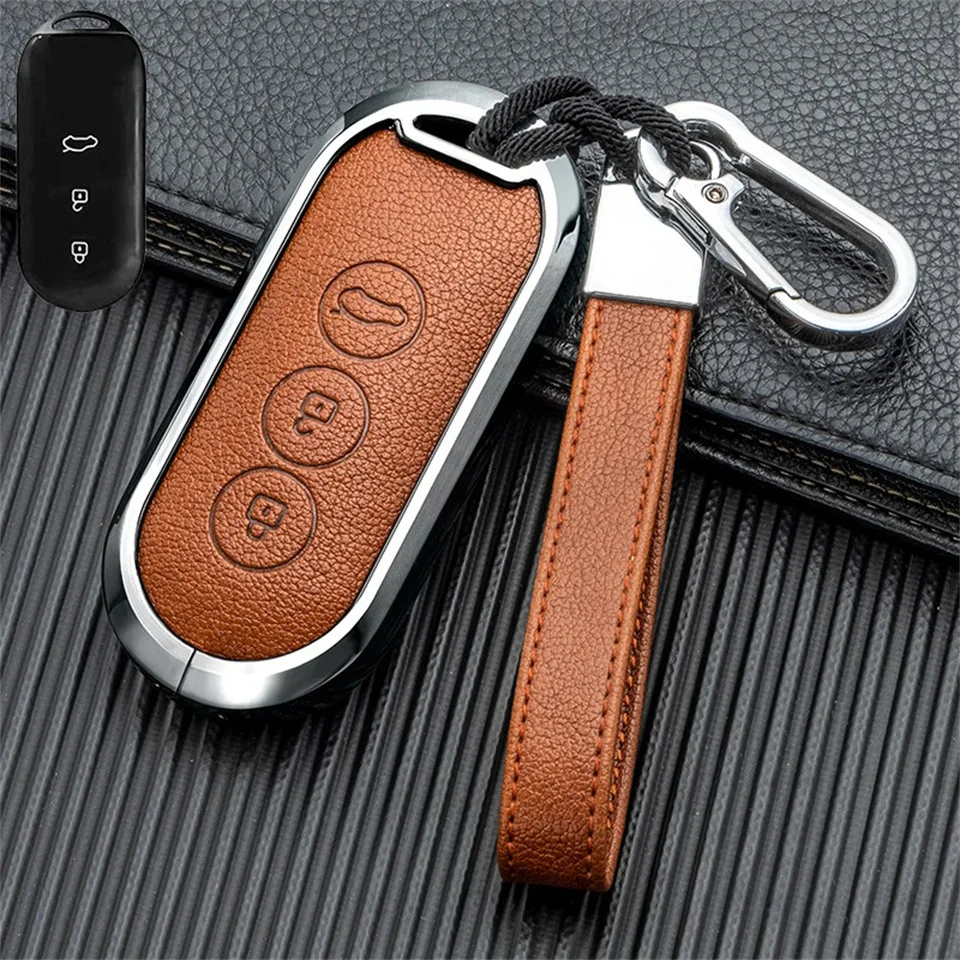 Zinc Alloy Leather Car Smart Key Case Cover for Aito M5 M7 2022 3 Buttons Remote Protection Shell Keychain Auto Accessories