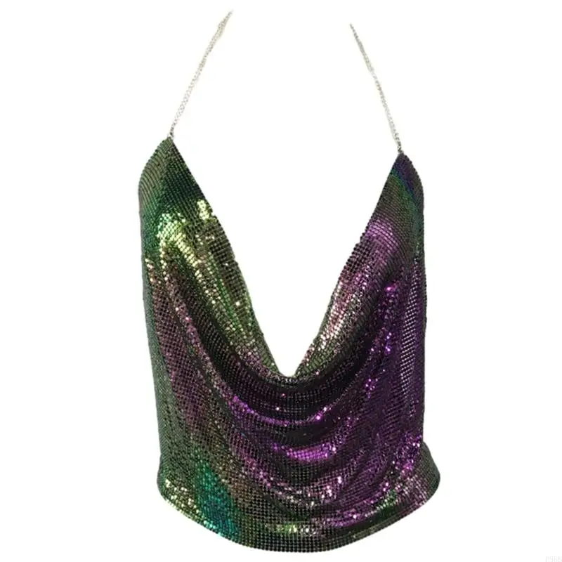 

P88B Glitter Sequins Crop Top Halter Body Chain Nightclub Camisole for Women