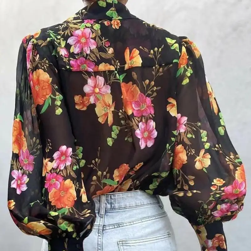 Stylish Long Sleeve Floral Print Chiffon Shirts Women Elegant Loose Blouse Women Button Up Casual Lady Blouses Vintage Tops 8638