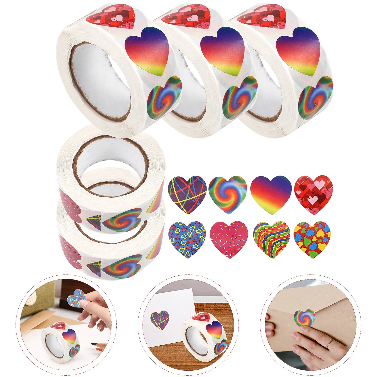 

5 Rolls Heart Shape Label Stickers Self Adhesive Sealing Decals for Valentine Gift Packaging DIY Scrapbooking Envelope