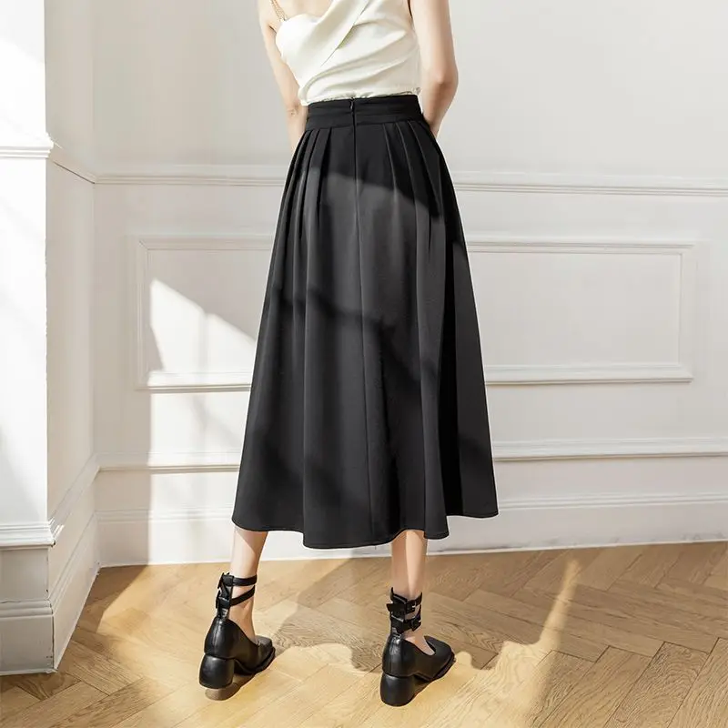 Streetwear Temperament Pleated Office Lady Knee-length Solid Pockets Spring Summer Thin Casual High Waist Loose Women's Clothing