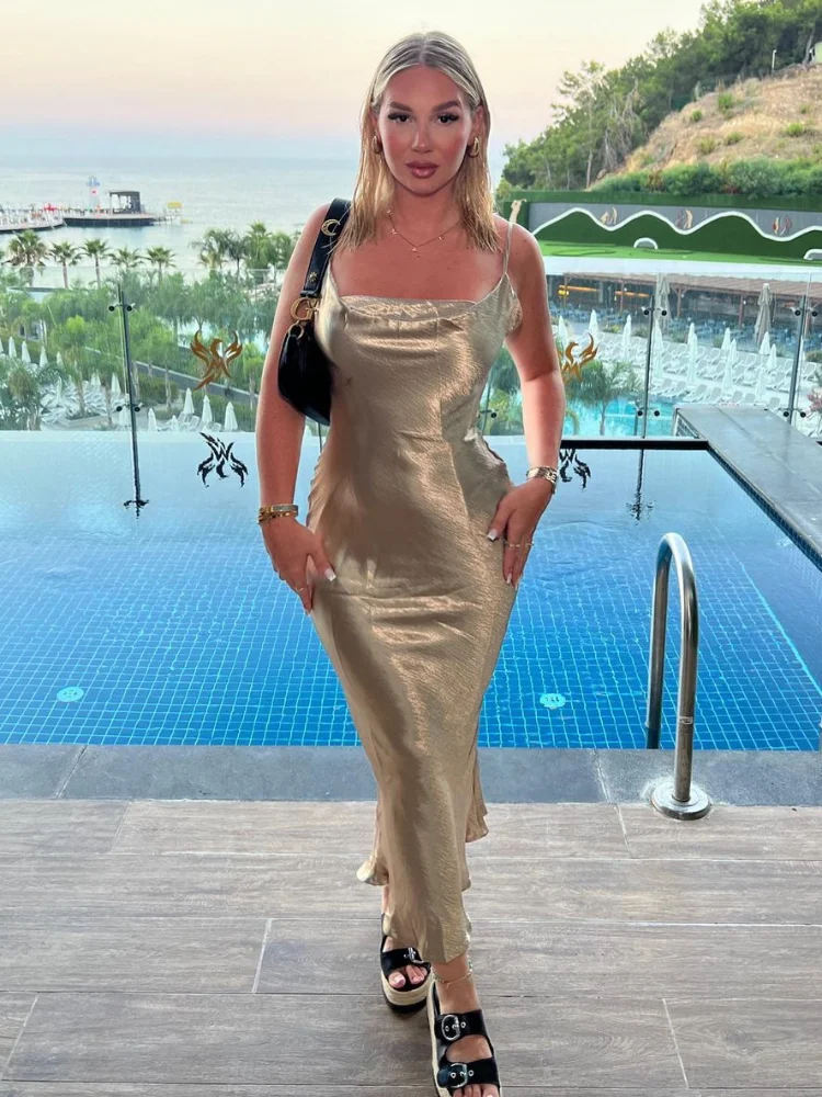 Sólido cetim estilingue maxi vestidos femininos moda elegante sem mangas fora do ombro sem costas vestidos de cintura alta 2025 senhora roupões de festa