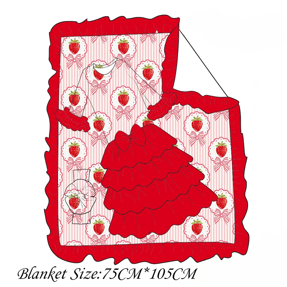 Girls Long-Sleeved Romper with Lace Blanket 2-Piece Set Cartoon Strawberry Bow Print Boutique Children's Clothing