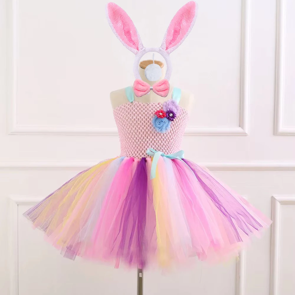 Pink Easter Bunny Costumes for Baby Girls Little Rabbit Ballet Tutu Dress for Kids Easter Holiday Outfit with Ears Bowtie Tail