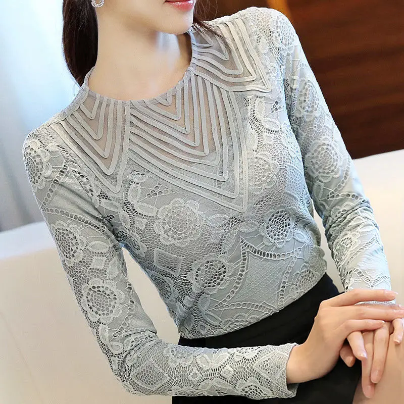 Autumn Winter Plush Women Lace Bottoming T-Shirts Solid Long Sleeve Hollow Out Korean New Slim Fashion Versatile Warm Gauze Tops