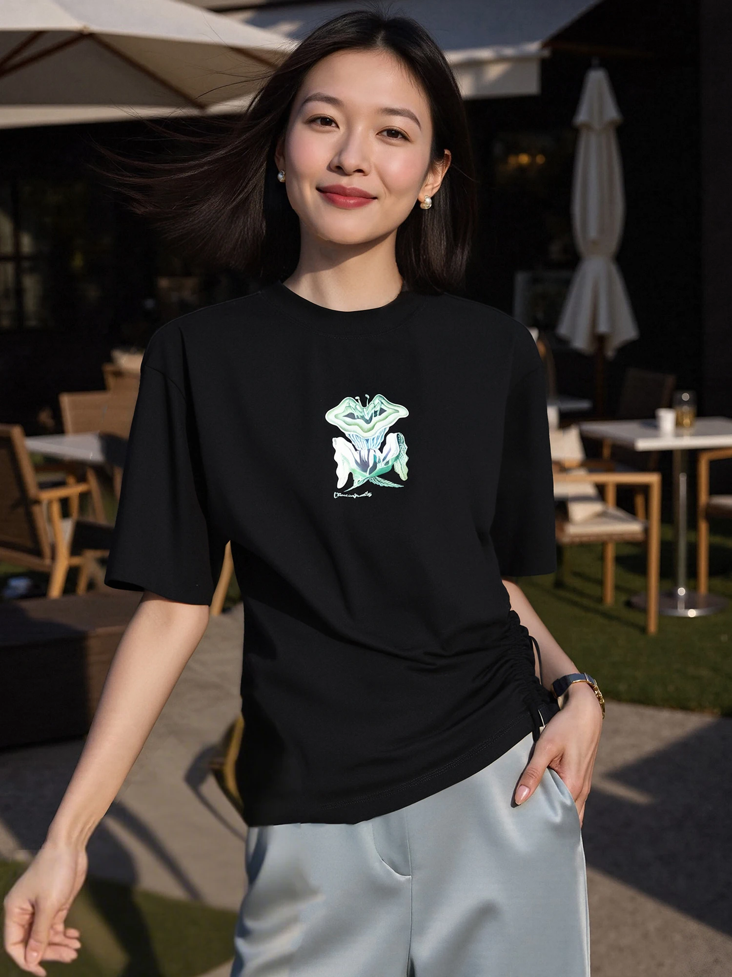 

Chivirin Premium Combed Cotton ort Sve T-irt Waist Cinched Floral Print Sli Summer Top Women's Faion Casual Wear