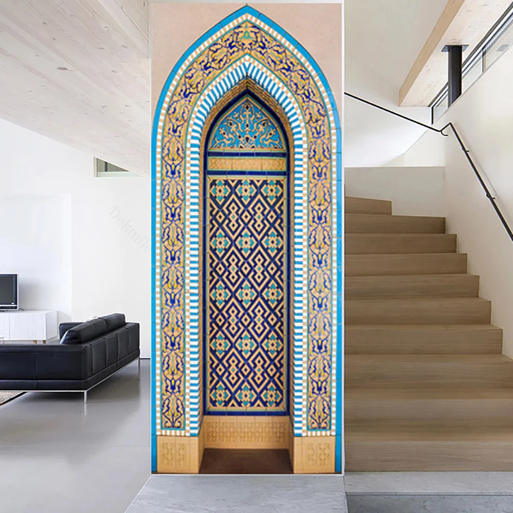 White 3D Self-adhesive Door Sticker Art Arch Refurbish Poster Muslim Mosque of Mecca Cabinet Wall Stickers Custom Mural For Home
