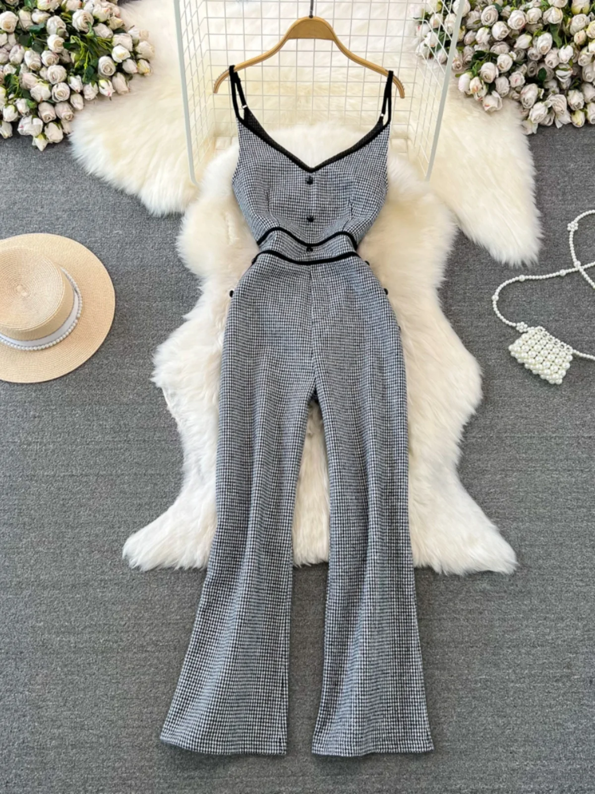 

Faionable High Waist Straight Leg Woolen Pants Suit V Ne Plaid Design Casual Wide Leg Trousers for Women