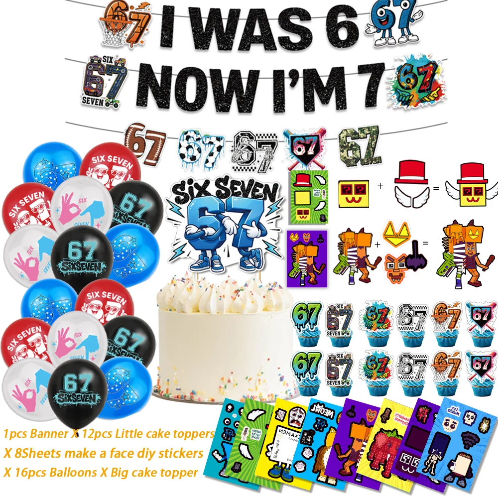 festa-de-aniversario-tematica-'eu-tenho-6-anos-agora-sou-7'-banner-baloes-topos-de-bolo-e-adesivos-diy-'crie-uma-cara'-presente-criativo