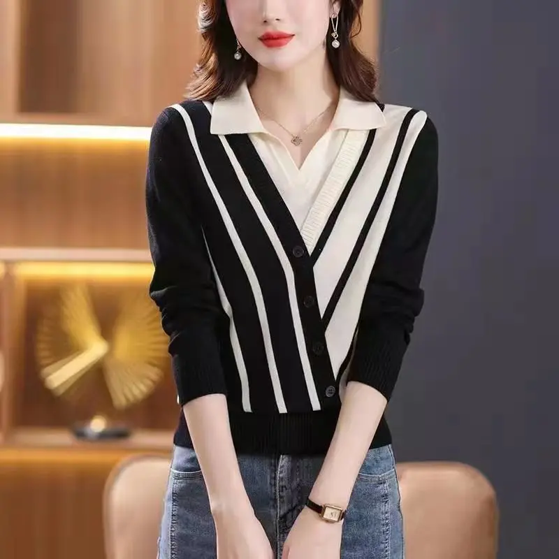 Korean Clothing Fashion Women Contrast Striped Sweater Spring Autumn New Casual Versatile Long Sleeve Loose Knitted Pullover Top