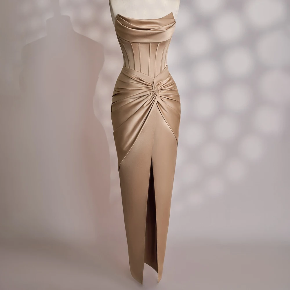 Customized Straight Evening Dresses Ankle-length Strapless Sleeveless Prom Gown Simple Fashion Pleat Backless Lace-up Party Gown