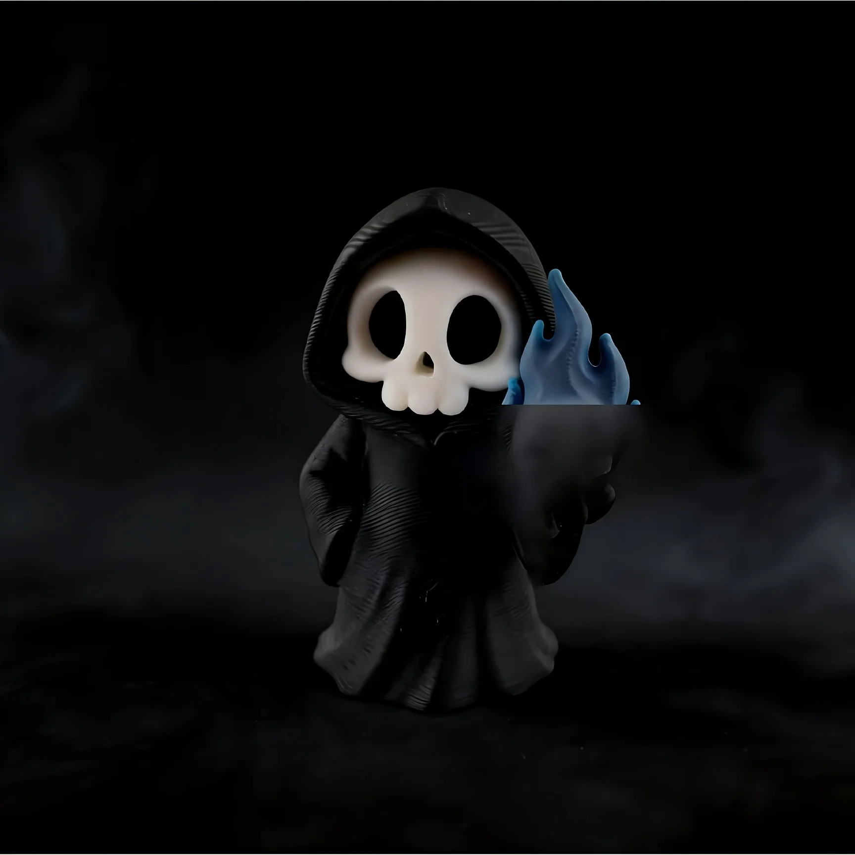 Halloween Grim Reaper Figurine, Cute Skeleton Statue with Blue Flame Skull, Gothic Desk Decor, Spooky Mini Halloween Ornament.