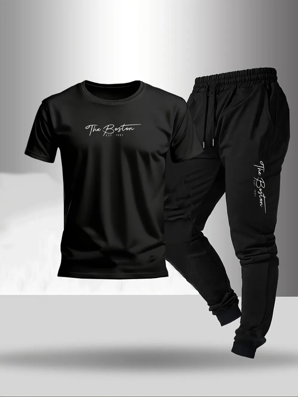 Hot Selling Summer Men's Letter Printed Micro Elastic Comfortable Round Neck T-Shirt Pants Set Outdoor Fashion Two-Piece Set