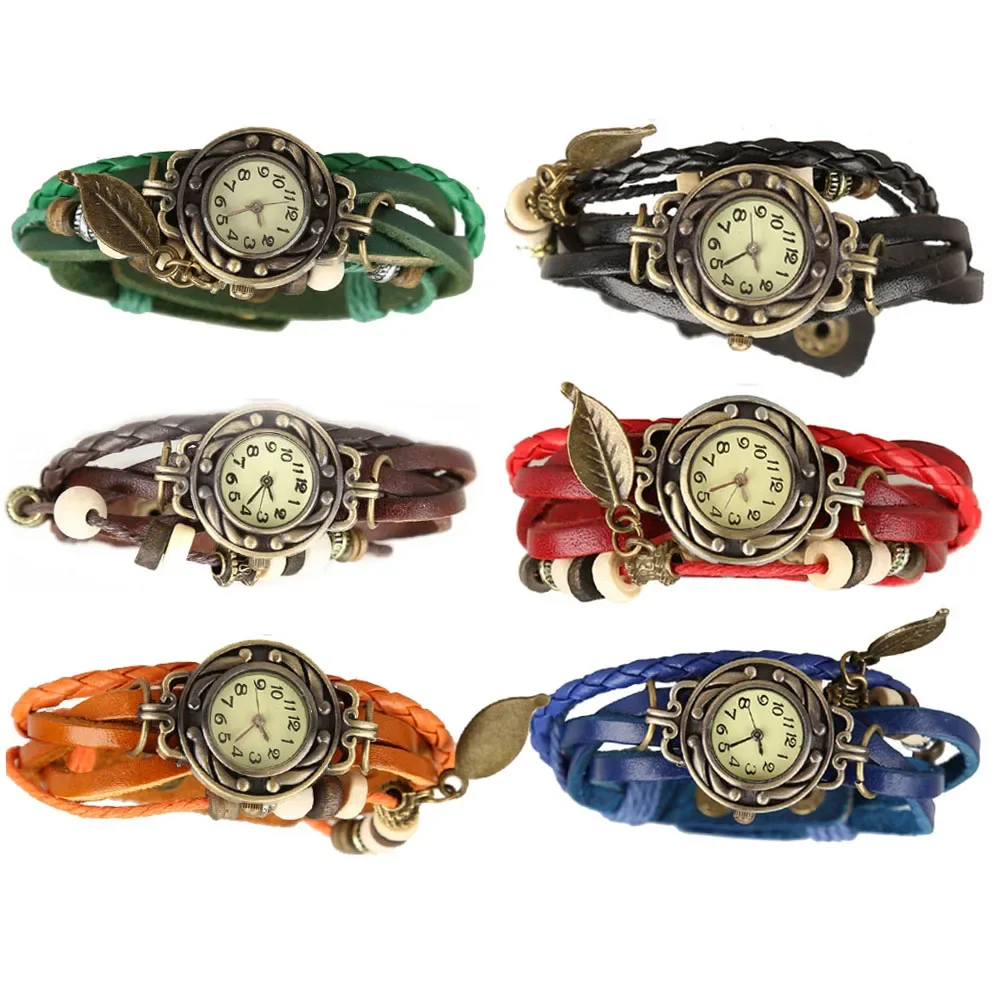 Vintage Bracelet Quartz Wrist Watch with Weave Wrap Leather Band Leaf Beads for Women