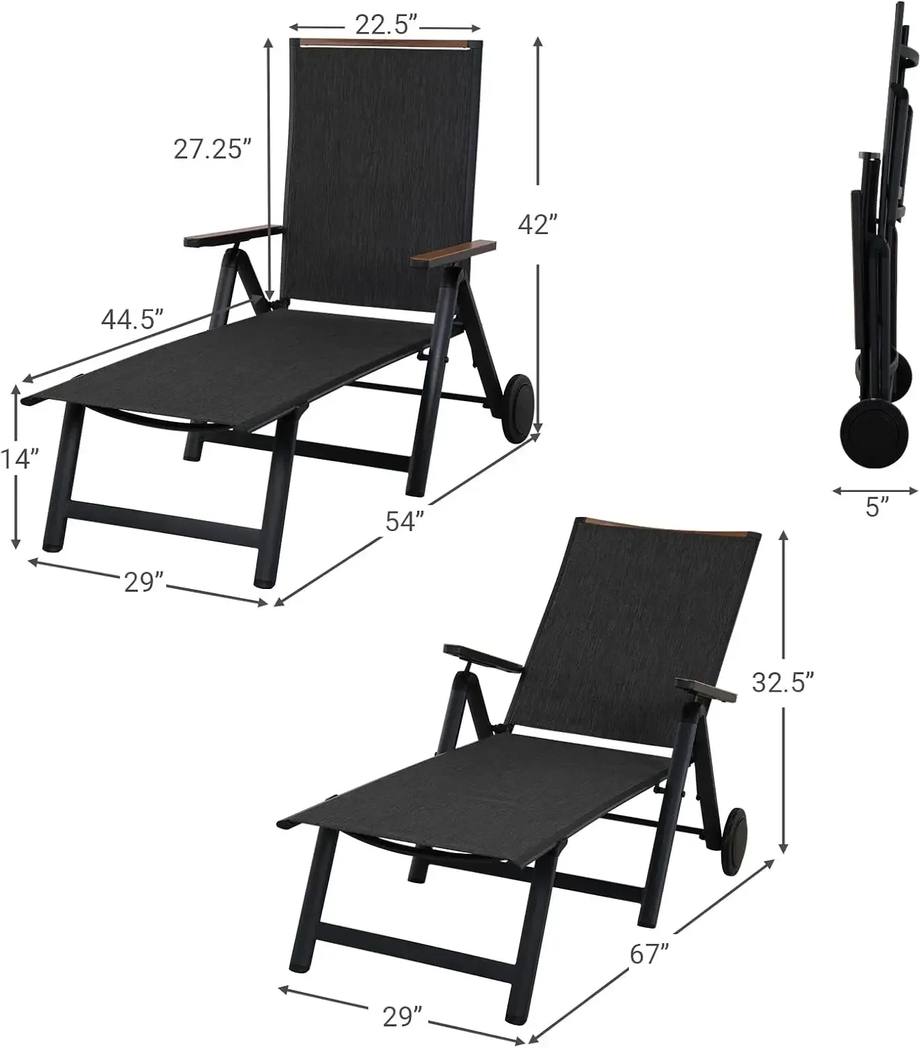 patio Outdoor Chaise Lounge Chair with 6-Position Adjustable Sling Backrest, Aluminum Folding Portable Wood Grain Chair with Whe