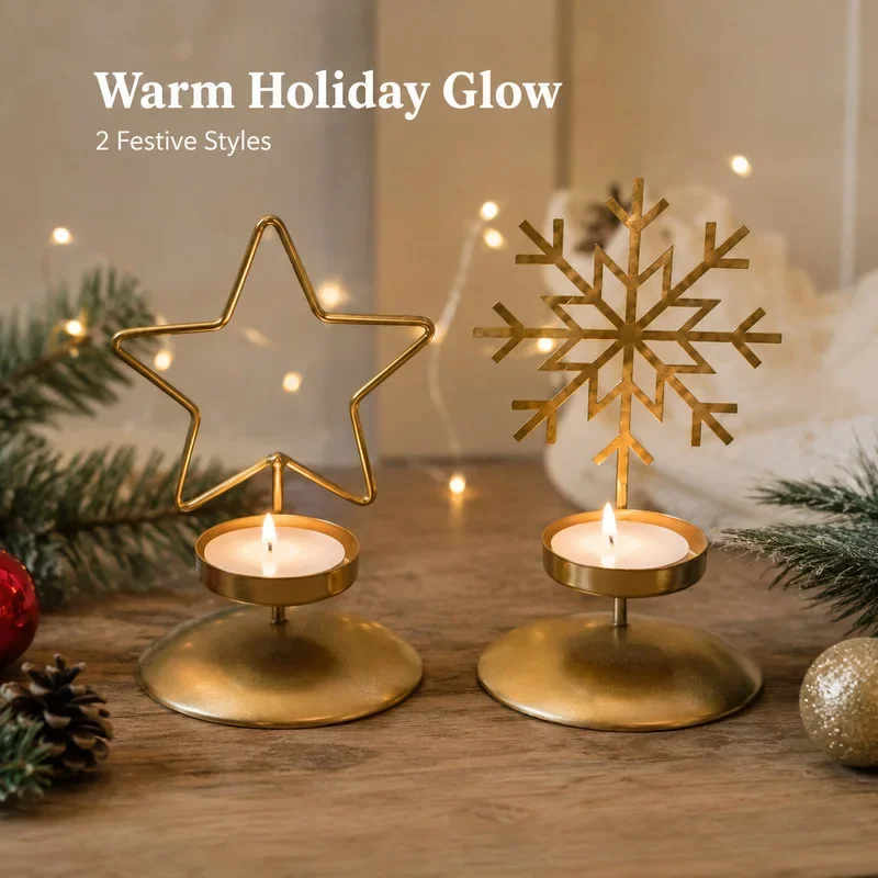 Creative Gold Metal Christmas Candle Holder, Snowflake Star Shaped Tabletop Ornament, Ins‑Style Holiday Desktop Home Decoration