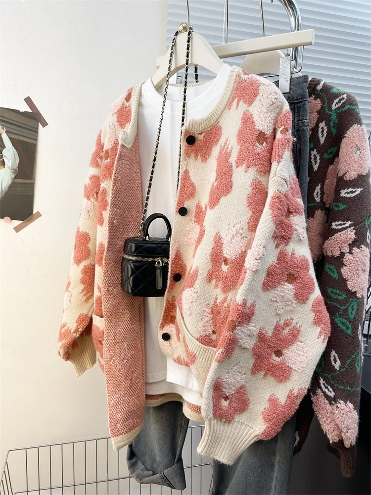 

Chic Open Cardigan Sweater Women's Loose Knitted Outerwear Lazy Sle Autumn Winter New Arrival Faux Fur Long Sve round Ne