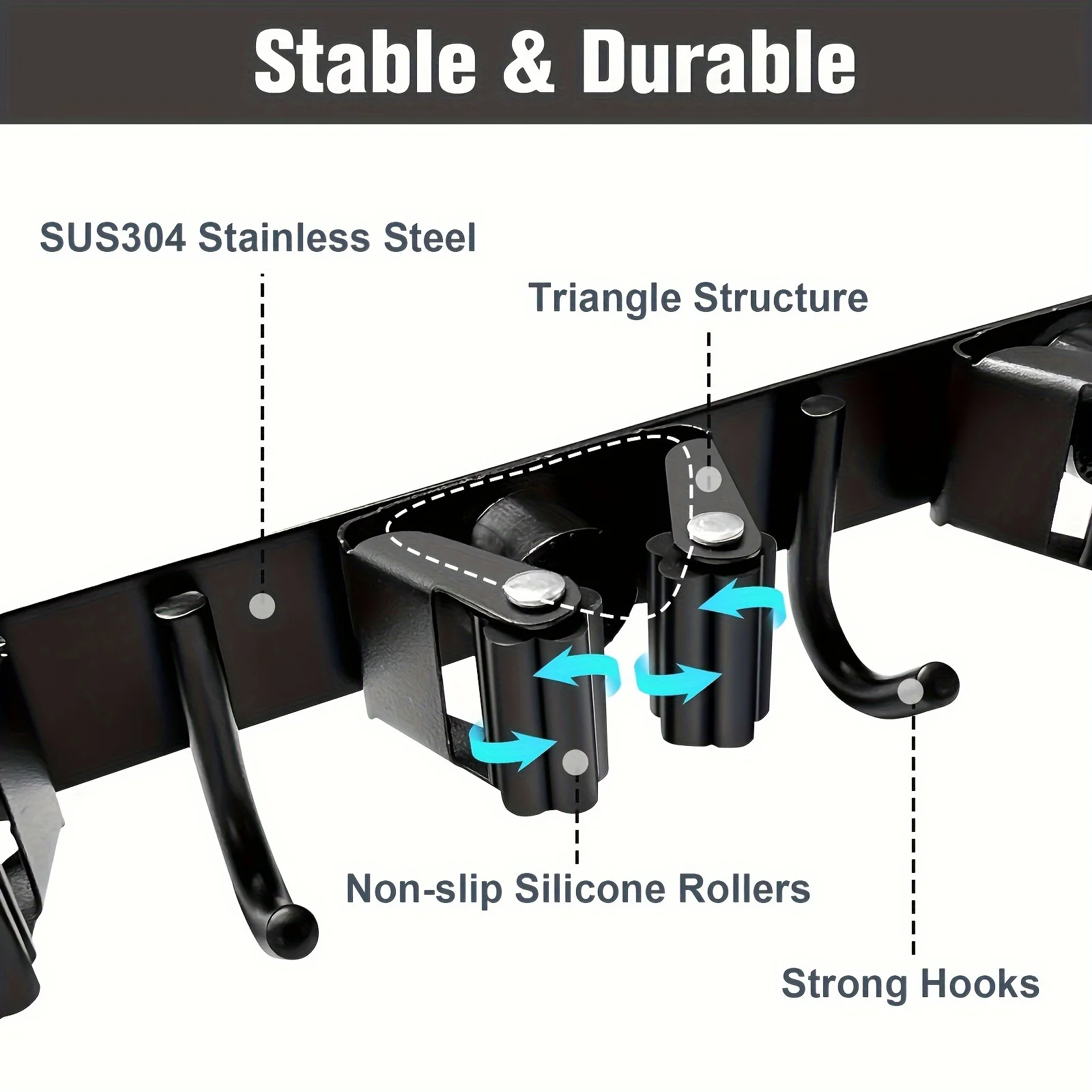걸레 및 빗자루 거치대, 벽 마운트 4 랙 및 5 후크 빗자루 정리함, 도구 보관 랙, 스테인리스 스틸 헤비 듀티 후크, 1 개