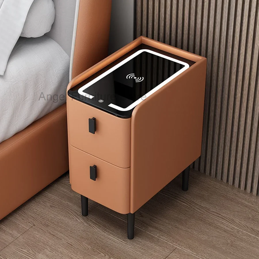 Intelligent Bedside Table Fingerprint Wood Wireless Charger Multifunctional Brown Living Room Side Table Muebles Smart Furniture