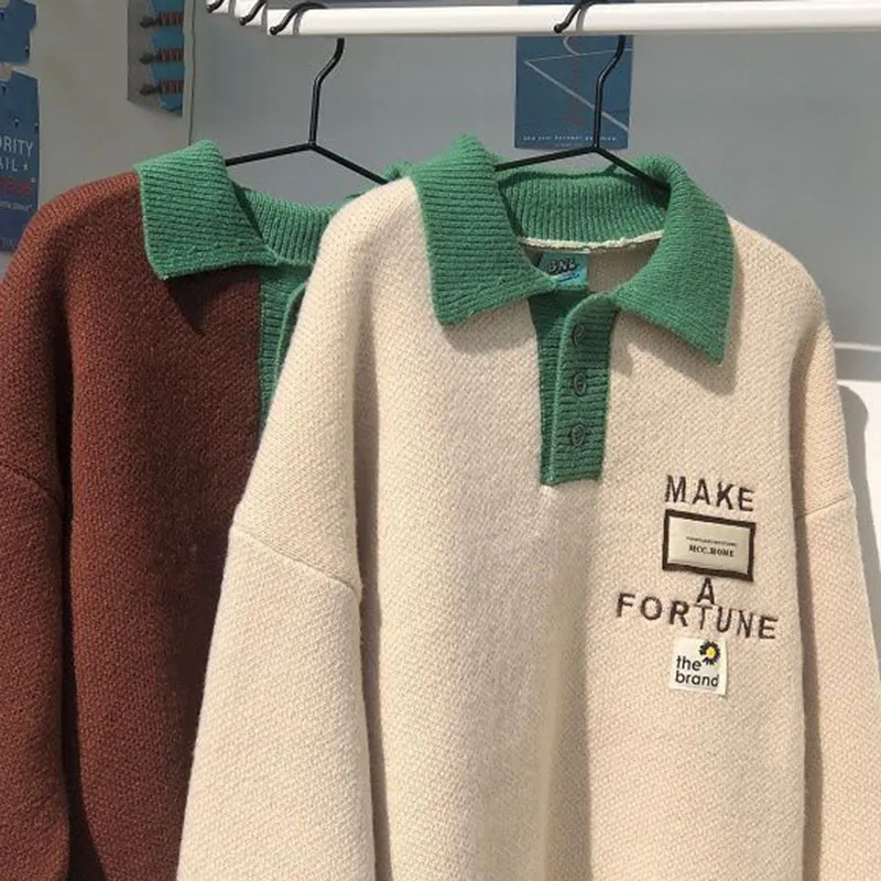 Novo vintage polo pescoço camisa de malha das mulheres dos homens vestido para os amantes outono inverno quente base camisa feminina casual pulôver camisola jaqueta