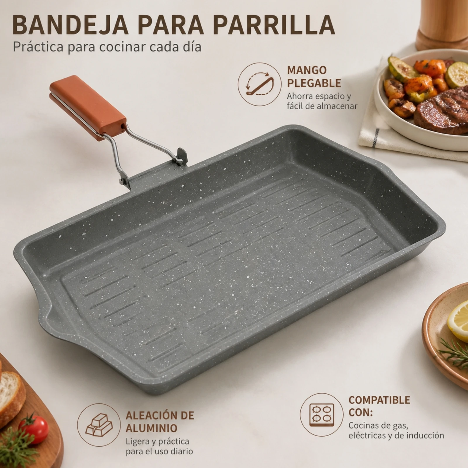 Bandeja de Barbacoa de Aleación de Aluminio 34x22x3cm con Mango Plegable para Cocina de Inducción y Gas, Plancha Antiadherente Rectangular para Asar Carne y Verduras en Casa y Camping