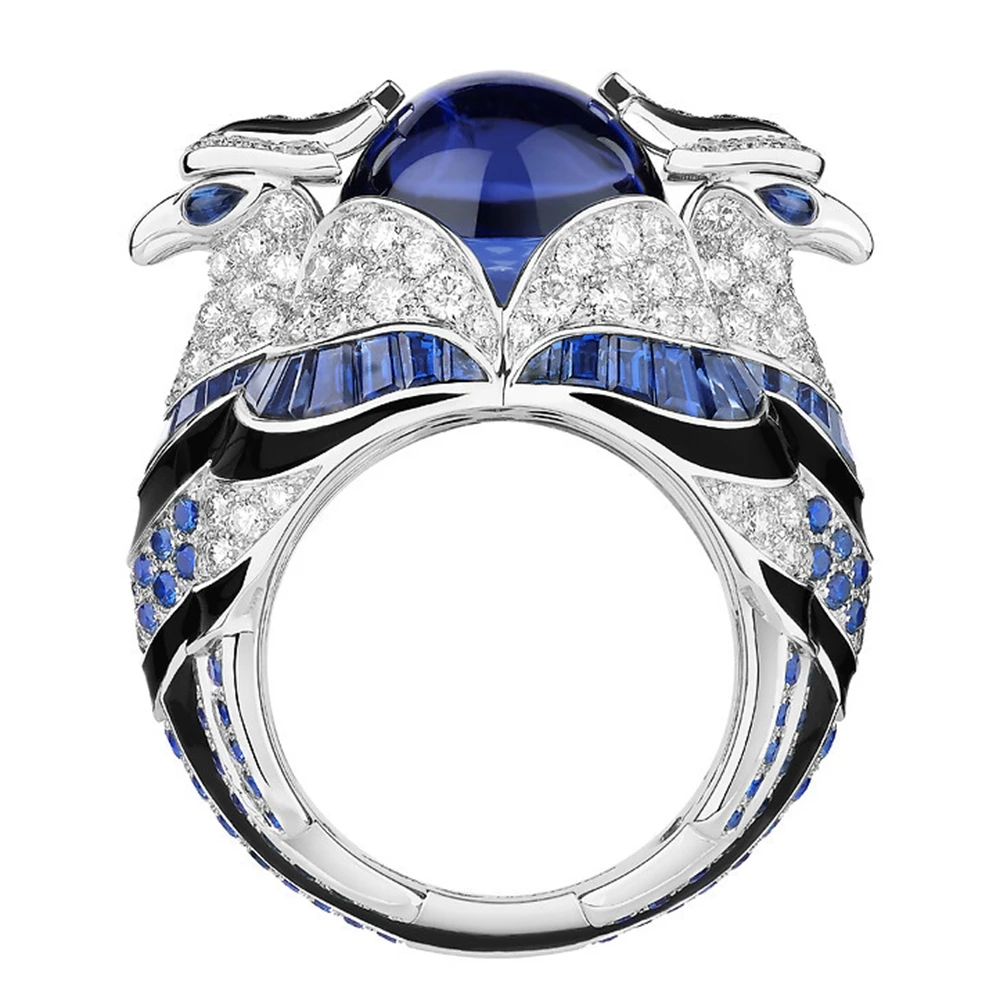 High Quality 925 Sterling Silver Eagle Bird-Shaped Ring With Sapphire Blue CZ High Carbon Diamond Stone Fine Jewelry for Women