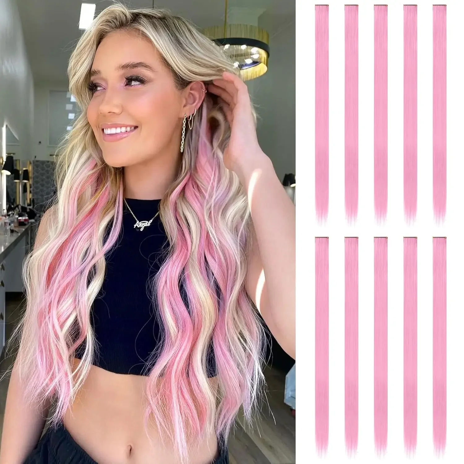 

22 Inch Hair Extensions Clip ins, 6/12 Pcs Pink Hair Extensions Colored Hair Extensions Party Highlights Long synthetic Hair