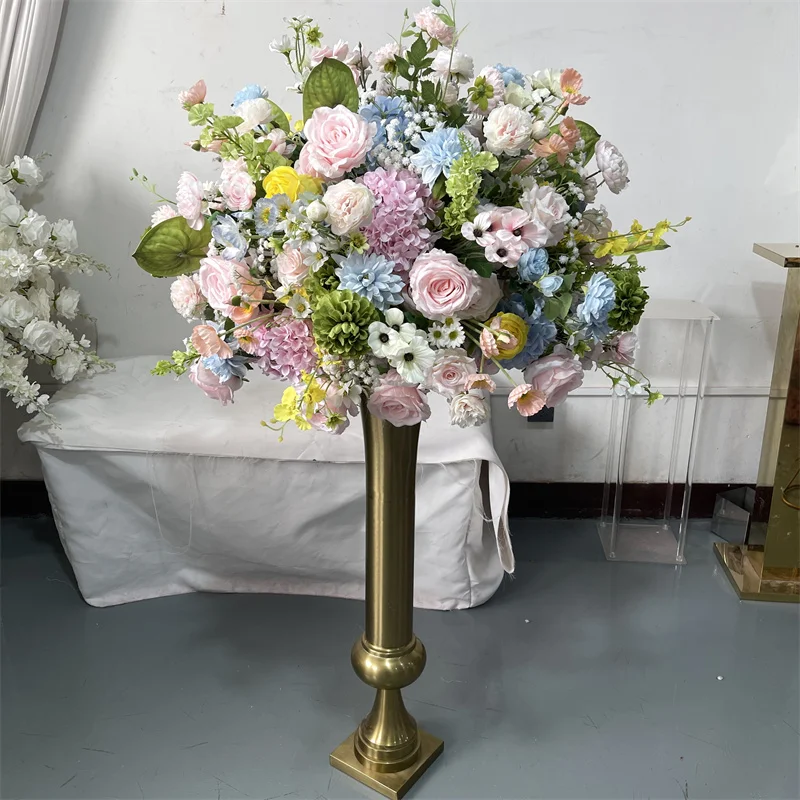Modern Pink Sky Blue Green Yellow Mixed Wedding Table Artificial Spring Silk Flower Ball Center Ornament