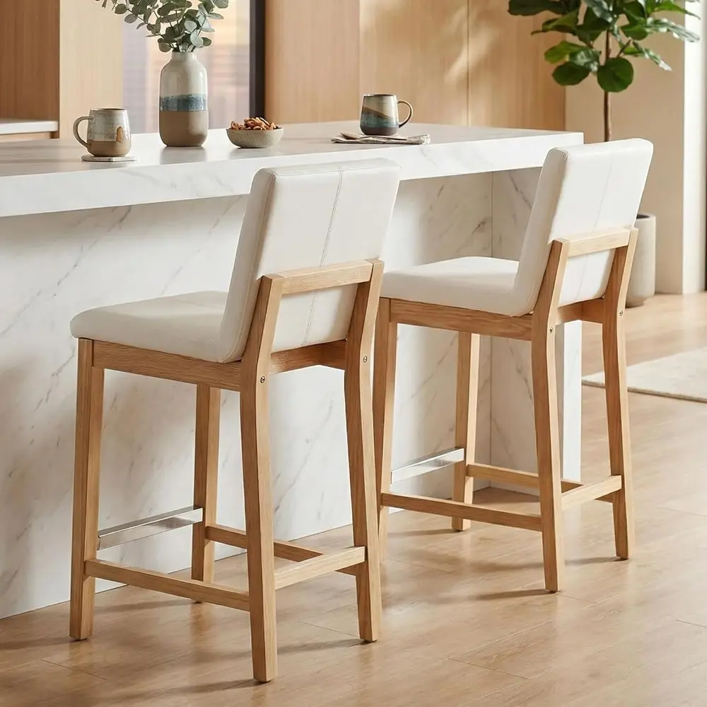 

Барные стулья с кожаными сиденьями, 26 дюймов, квадратные, с подлокотниками и ножками из состаренного дерева, для кухонного острова, домашнего бара или патио - белые