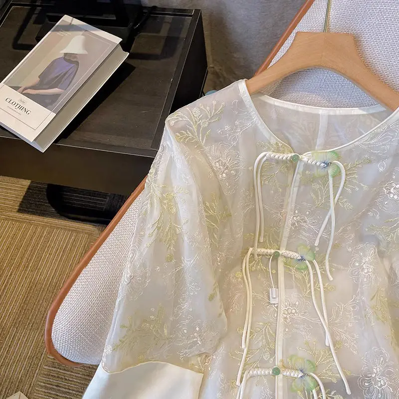 Women's Clothing New Chinese Summer Tang Suit Heavy Work Embroidery Shirt Guo Feng Thin Section Seven-minute Sleeve Top