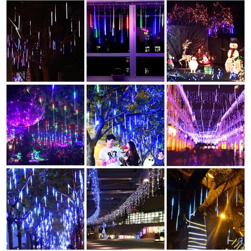 Lampu hujan hujan Meteor 1/2/3/4 Set, lampu dekorasi dekorasi pohon Natal Navidad, lampu peri luar ruangan warna-warni untuk karangan bunga