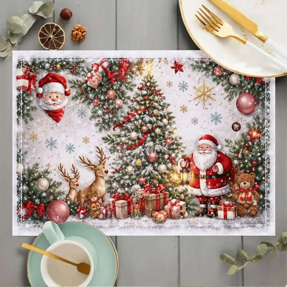Winter Snow Gnome Placemats Table Mat Cute Multi‑Gnome Wooden Fence Scene Pattern for Dining Table Cozy Holiday Home Decoration