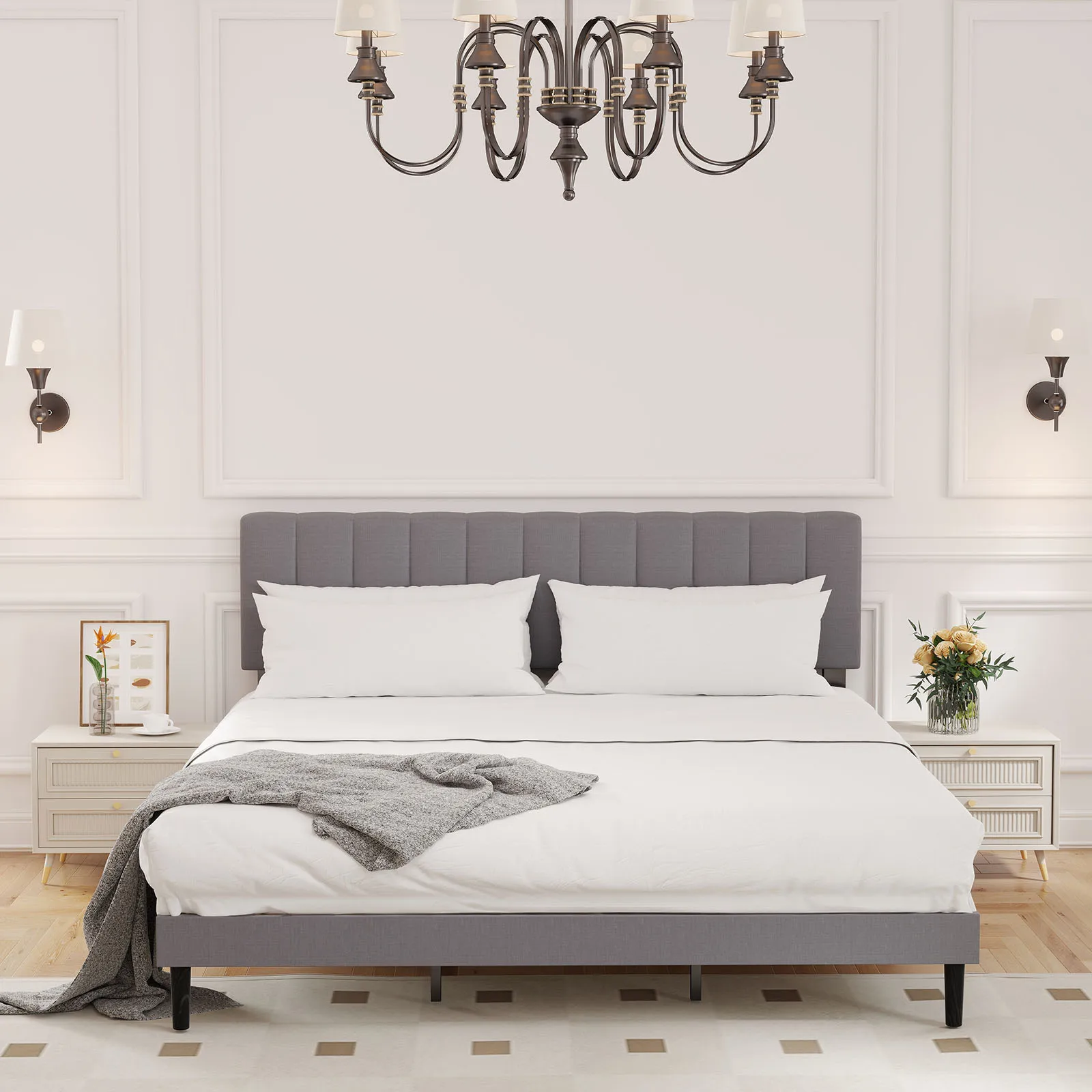 JHK King-marco de cama de madera maciza con tapizado en tela, listones resistentes de 800 libras, soporte con resorte necesario, fácil montaje para dormitorio