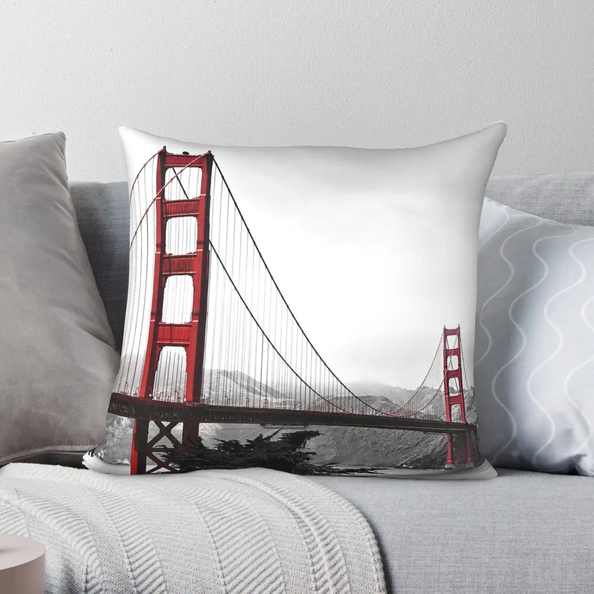 Golden Gate Bridge Square Pillowcase Polyester Linen Velvet Printed Zip Decor Home Cushion Cover