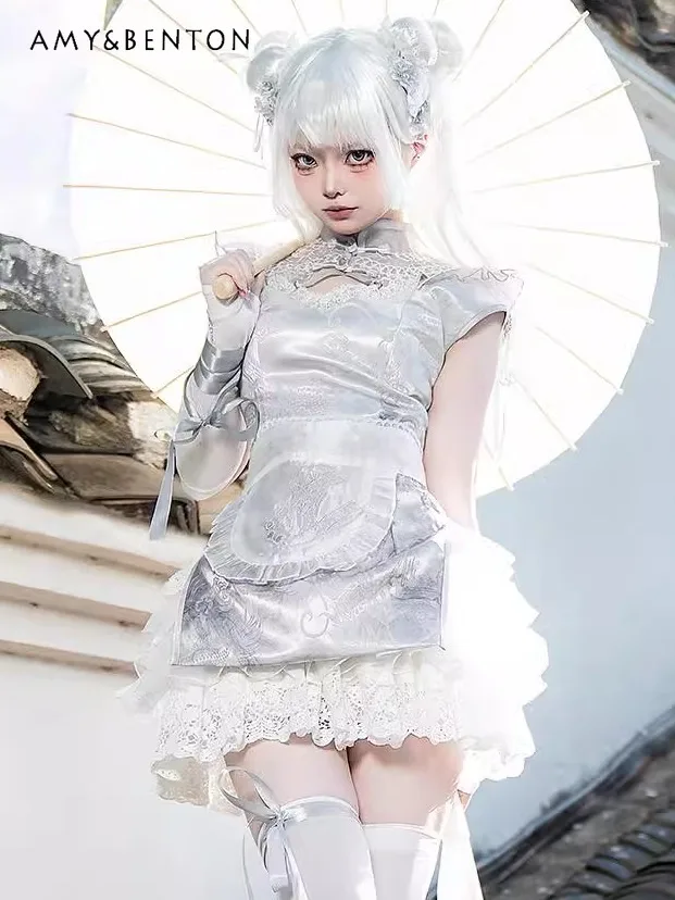 

2025 Summer New Daily Han Element Silver Sleeveless Dress White Versatile Lace Shorts Printed Apron Three-Piece Set