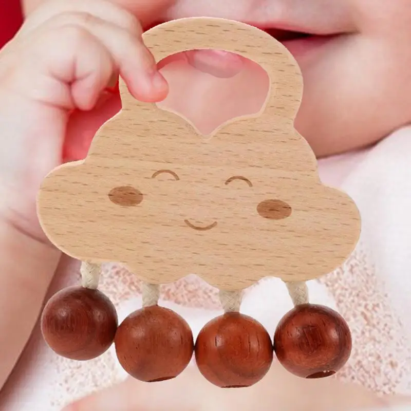 Handheld Rattle Toy Cloud Design Wood Hand Bell For Children 0-3 Months Kids Chewing Rattle Travel Use Teether Toy No-Paint