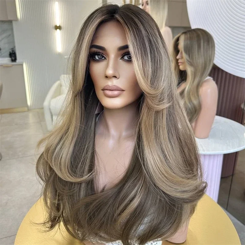 

Натуральные еврейские волосы Highlight Brown, без клея, мягкие, длинные, с эффектом волн, 5x5, на шелковой основе, с HD-кружевом, европейские волосы, с baby hair, предварительно выщипанные