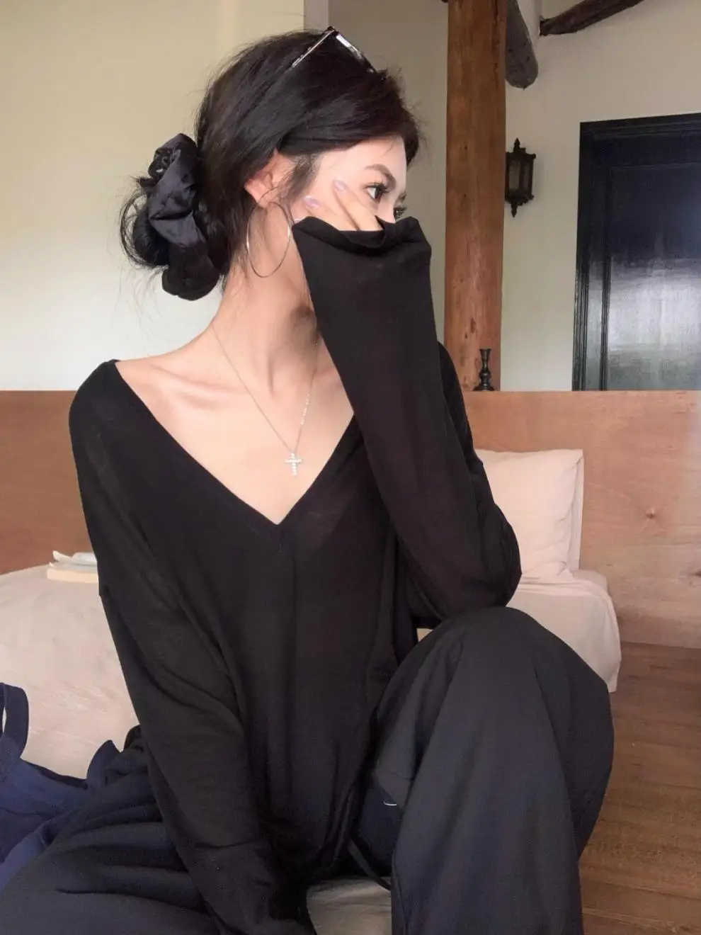 Thin Perspective Long Sleeved T-shirt for Women's Summer Loose Casual Korean Base Sun Protection Cover Up Top for Women