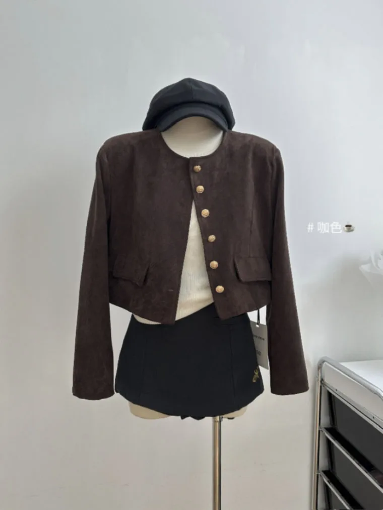 

Y2K Vintage Street Short Women's Jacket Autumn/winter Sense Of Advanced Brown Fashion Warm Round Neck Short Coat