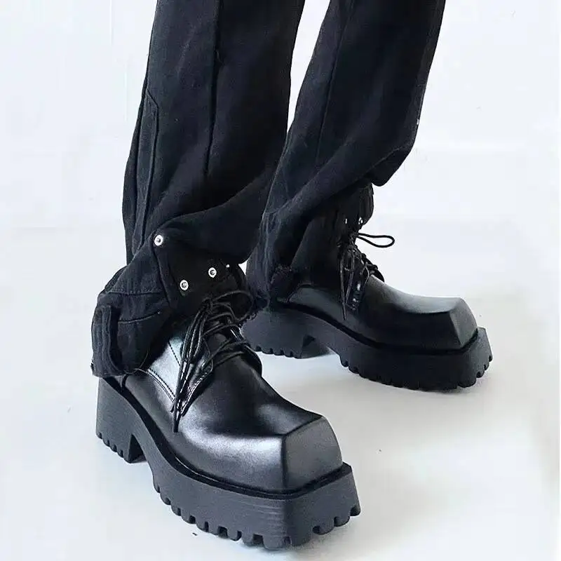Black Large Square Toe Thick-Soled Chelsea Boots for Men In Autumn and Winter Men and Women New Leather Short Boots 35-45
