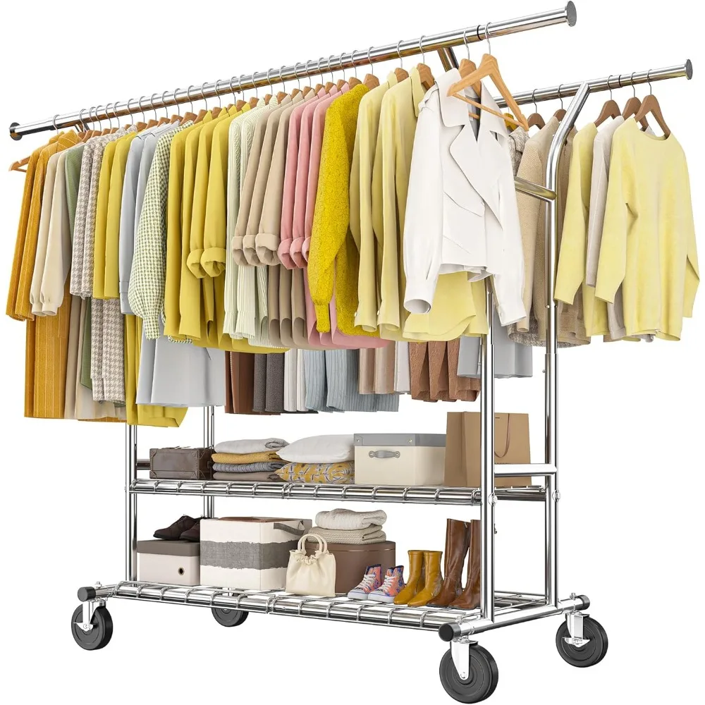 

Clothes Rack, Clothing Rack with Wheels Load 630LBS, Double Rod Clothing Racks for Hanging Clothes, Heavy Duty Clothes Rack,