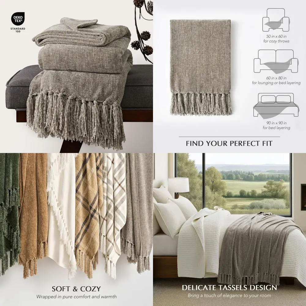 

Уютное одеяло из синели с кисточками, плюшевое нечеткая для дивана и дивана, легкая кровать и домашний декор, серо-коричневый, 50x60