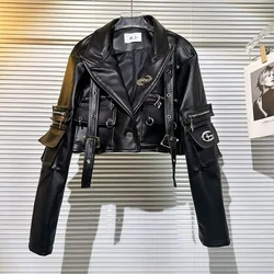 Heavy Industry Multi Pocket Work Clothes Lace up Lapel Leather Coat Women harajuku Autumn 2023 New Style goth women jacket