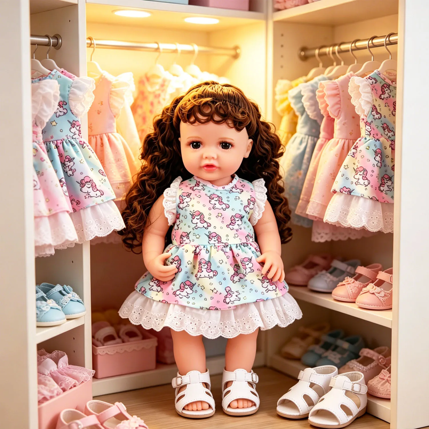 

Sweet Ruffle Lace Hem Unicorn Dress + Buckle Sandals for 55 Inch Newborn Reborn Girl Doll Cute Long Dress Set For 22" Baby Dolls