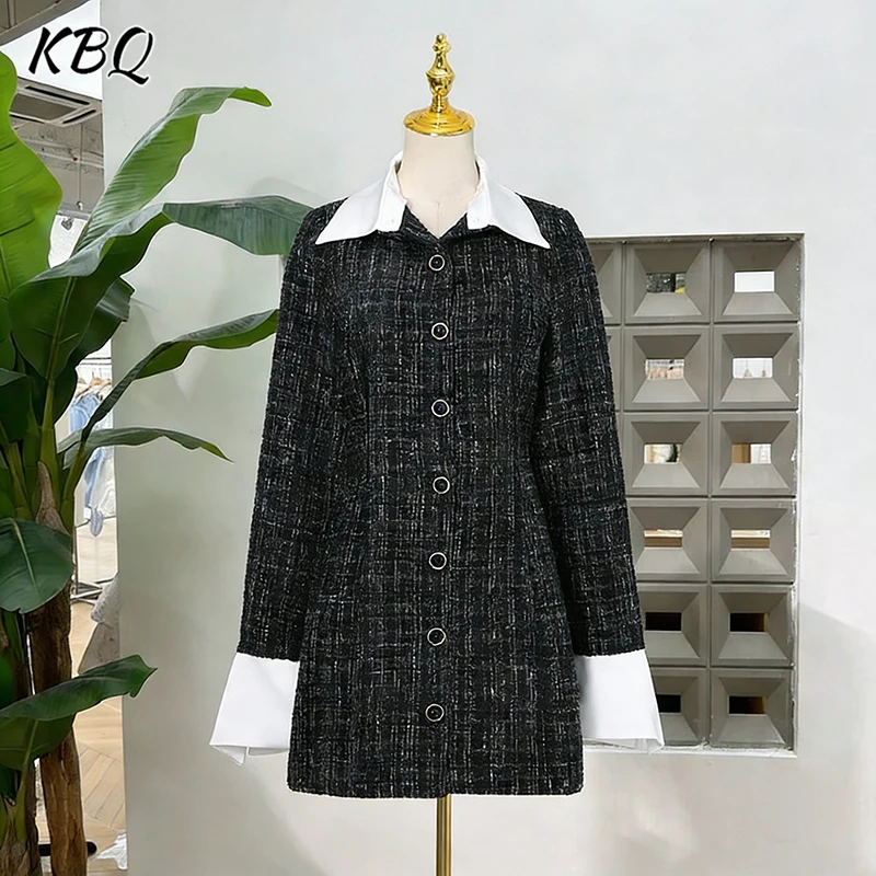 KBQ Hit Color empalmado a cuadros Minivestidos minimalistas para mujer solapa manga larga túnica Vintage chic vestido femenino otoño nuevo