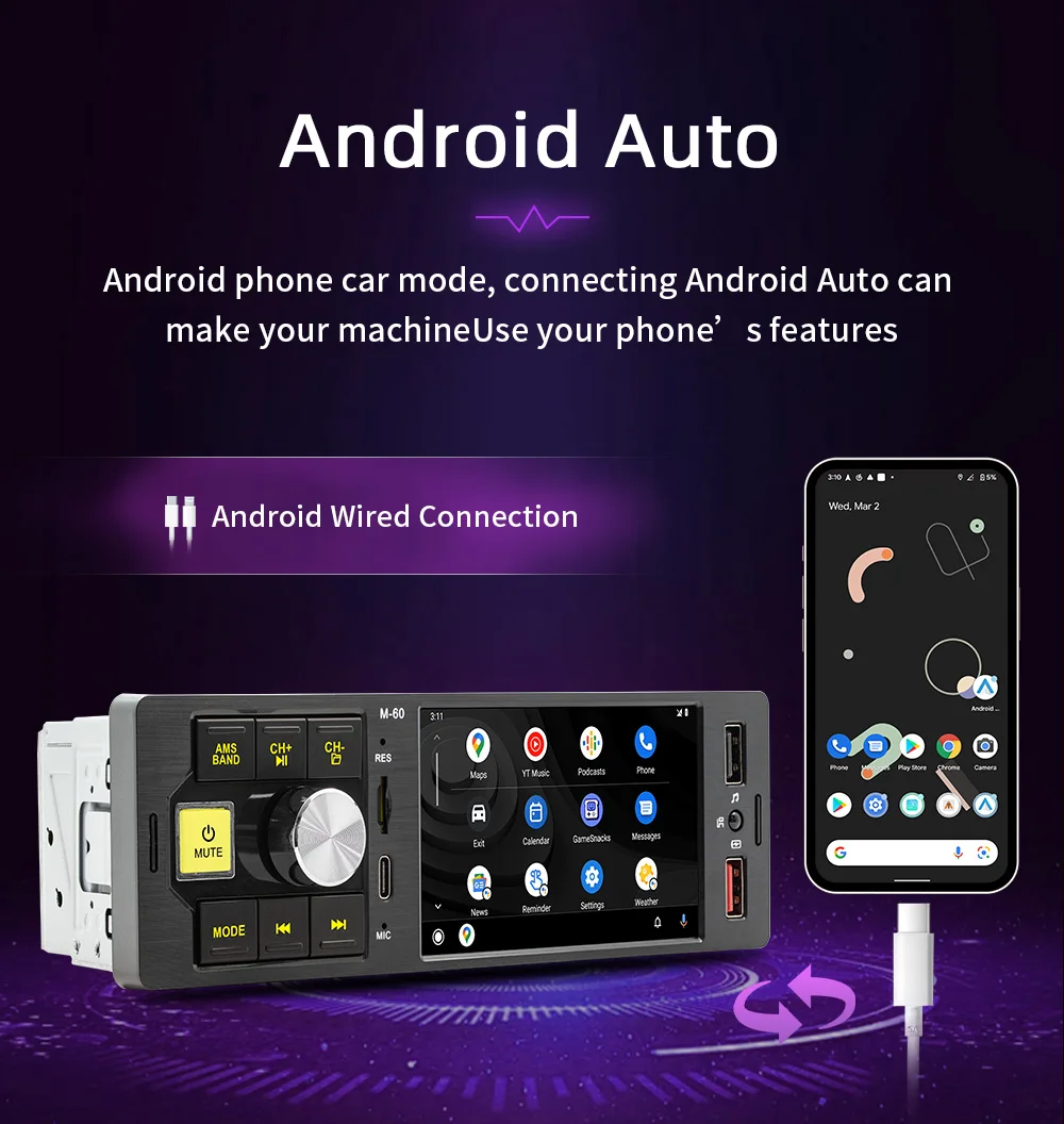 Radio MP5 Player 4.1in 1DIN Carplay Car Stereo Colorful lighting Bluetooth TF USB Mirror Link Type-C