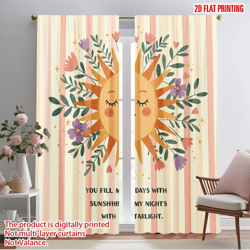 

2pcs 2D flat printing Curtain Cute Sun Flower Polyester Without Electricity Family Party Use for General Festive and Winter
