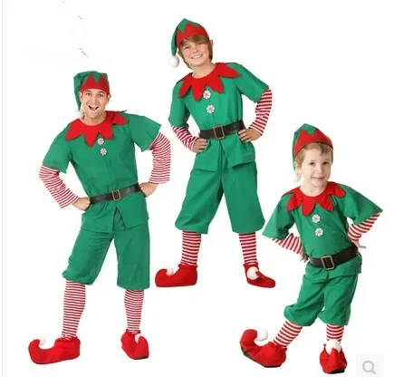 Männer Frauen Mädchen Jungen Weihnachten Santa Claus Kostüm Grüne Elfe Cosplay Familie Karneval Party Neujahr Kostüm Kleidung Set