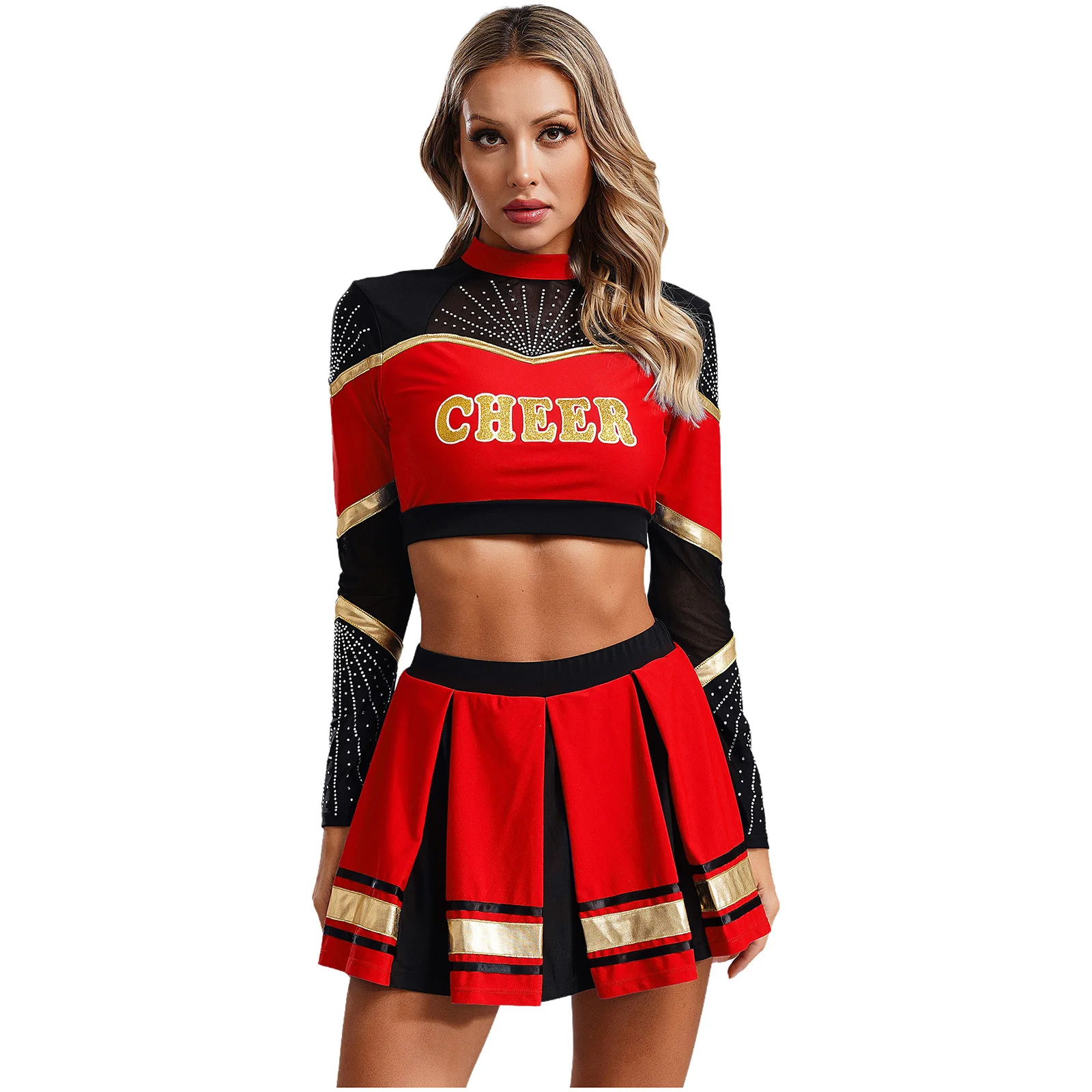 Womens Cheerleading Uniform School Girls Cheer Modern Dance Cosplay Outfits Long Sleeve Sequins Crop Top with Pleated Skirt Set